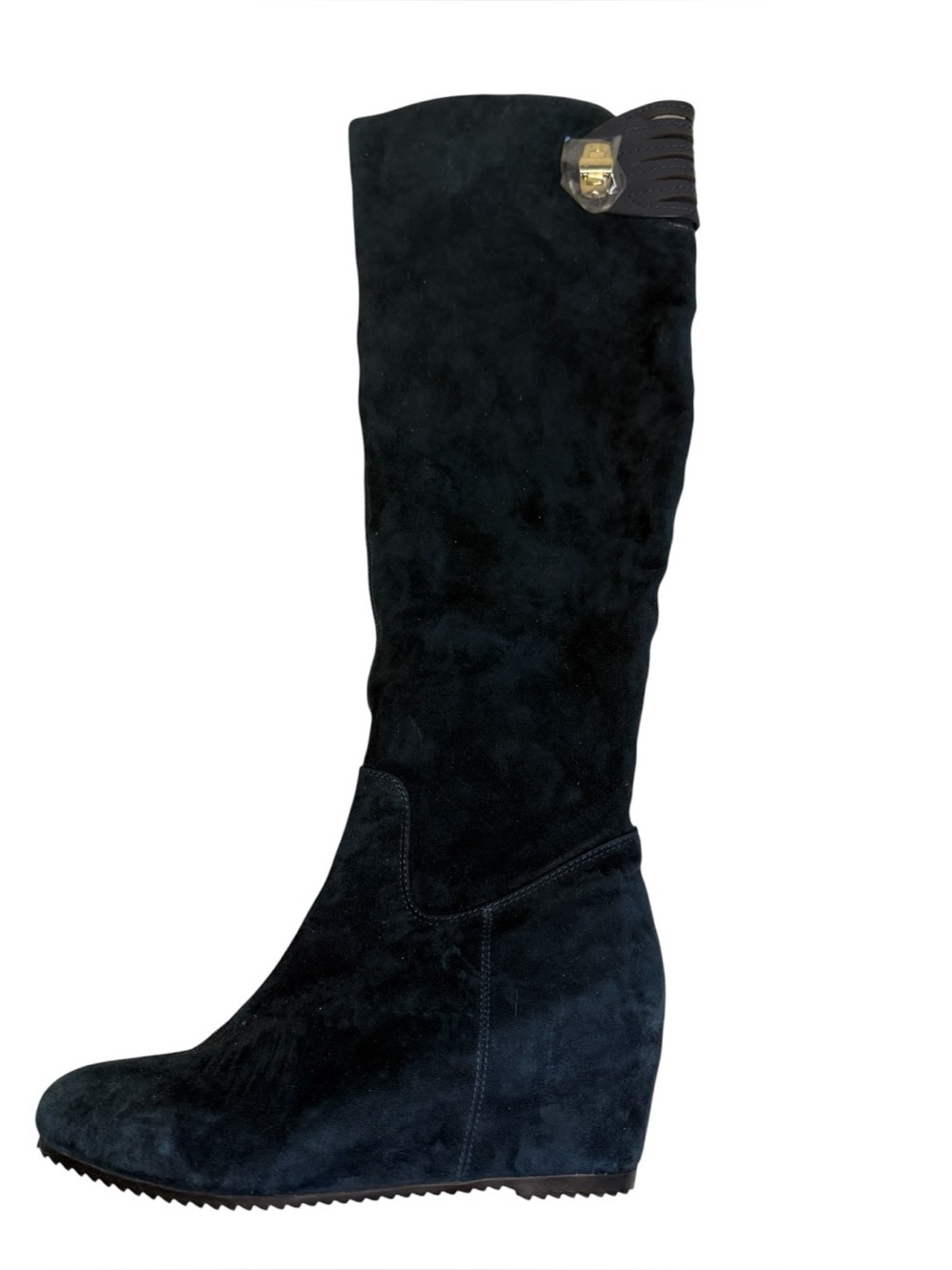 Red Peony Black Knee High Side Zip Wedge Boots with Turnlock Detail Size 37